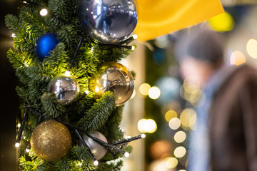 Closeup of christmas decoration with lights and spheres