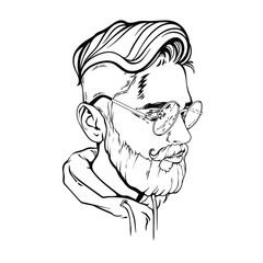 Vector hipster man bearded face with eyeglasses, beard and mustache, vector realistic sketch illustration isolated on white background