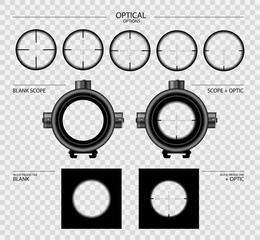 realistic sniper scope sight with measurement marks collection vector set. scope template isolated on transparent background. optical sight in different perspective view and options.