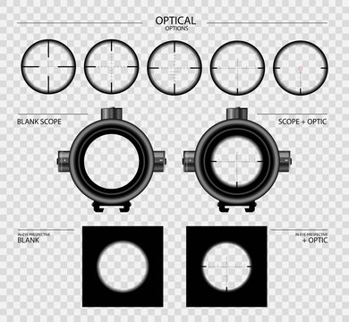 realistic sniper scope sight with measurement marks collection vector set. scope template isolated on transparent background. optical sight in different perspective view and options.