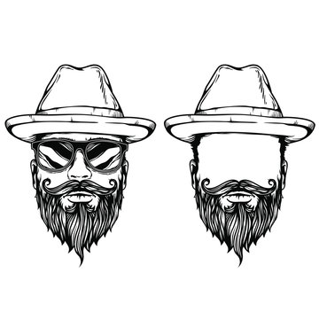 Hipster man face realistic skatch illustration, face with sunglasses, beard, mustache and hat, village man, vector illustration isolated on white background