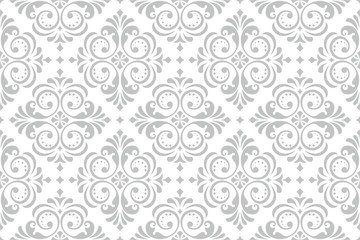 Floral pattern. Vintage wallpaper in the Baroque style. Seamless vector background. White and grey ornament for fabric, wallpaper, packaging. Ornate Damask flower ornament.