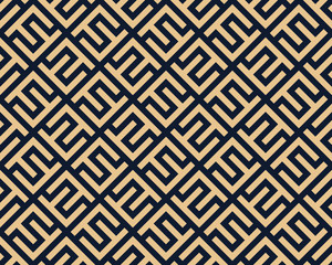 Abstract geometric pattern with stripes, lines. Seamless vector background. Gold and dark blue ornament. Simple lattice graphic design