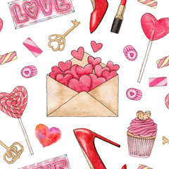 watercolor valentines day seamless pattern. hand painting dessert and woman things.