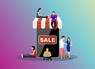 E-commerce cart concept illustration of young people using mobile gadgets such as tablet and smartphone for online purchasing and ordering goods. Flat guys and women sitting on the ecommerce symbol