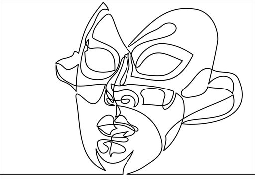 Continuous line single hand drawn carnival mask
