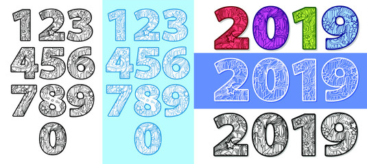 Vector line art of set laser cutting numbers, alphabet, floral wooden alphabet font, paper cutting, vector illustration set of numbers on different backgrounds