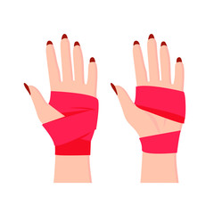 Obraz premium Vector flat cartoon hands with bandage, vector illustration isolated on white background, set of woman hands