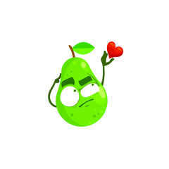 Cute and funny cartoon flat character of pear with heart, vector illustration isolated on white background