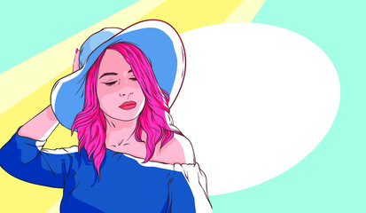 Vector illustration of a girl in a hat and dress on vacation with a speech bubble comic concept, for advertising, poster, banner, print, pretty girl with pink hair in the summer, in the sunbeam, 