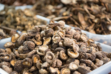 Dried champignons on the counter in the store.