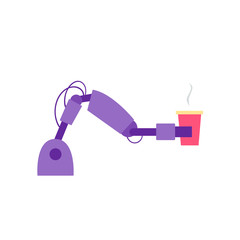 Flat cartoon vecot hand of robot with coffee, vector illustration isolated on white background