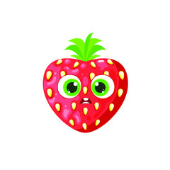 Obraz premium Funny and cute character of strawberry with big green eyes, vecot flat cartoon comics illustration isolated on white background