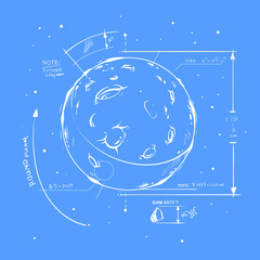 Naklejka premium Vector hand drawn sketch of ,oon, vector white illustration isolated on blue background