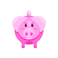 Flat cartoon vector pink pig, vector illustration isolated on white background