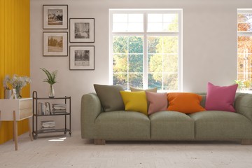 Stylish room in white color with sofa and autumn landscape in window. Scandinavian interior design. 3D illustration