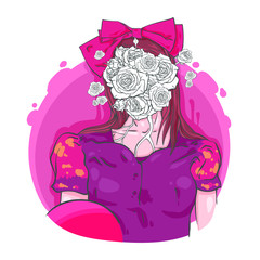 Girl with face with many flowers of roses, zine culture style, vector sketch hand drawn illustration isolated on white background
