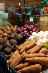 Vegetables on the counter in the store.