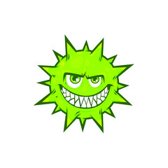 Green angry and crazy microbe, cartoon vector illustration of character isolated on white background