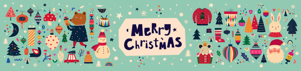 Christmas decorative banner with incredible characters in vintage style	