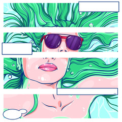 Vector summer girl in sunglasses on the water comics  concept, amazing pop art illustration, beautiful girl in red sunglasses with green hair cartoon art, for advertising, poster, print, banner,