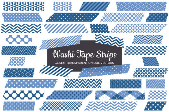 Classic Blue Washi Tape Strips with Torn Edges & Different Patterns. 2020  Color of the Year. 36 Unique Semitransparent Vectors. Photo Sticker, Print  / Web Layout Element, Clip Art, Embellishment Stock Vector