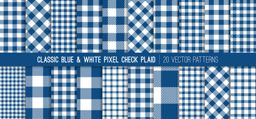 Classic Blue Gingham Plaid Vector Patterns. 2020 Color of the Year. Pixel Check Tartan. Flannel Shirt Fabric Textures of Different Styles. Repeating Pattern Tile Swatches Included. - 307713118
