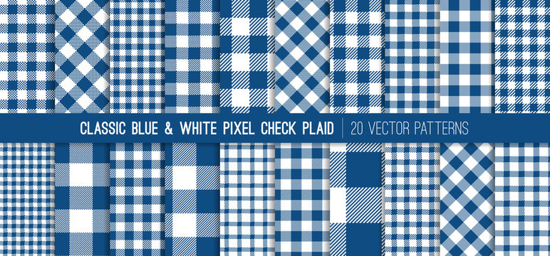 Classic Blue Gingham Plaid Vector Patterns. 2020 Color of the Year. Pixel Check Tartan. Flannel Shirt Fabric Textures of Different Styles. Repeating Pattern Tile Swatches Included.
