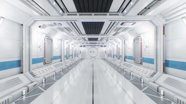 Moving Through the Abstract Spaceship Tunnel to Opening Gateway. 3d Animation with Alpha Mask. Beautiful Futuristic Interior of Spaceship with Opening Door to White Light. 4k Ultra HD 3840x2160