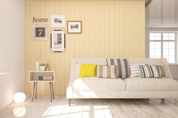 Stylish room in white color with sofa. Scandinavian interior design. 3D illustration