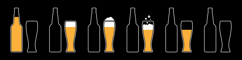 Set of minimalistic flat contours of a glass bottle and mug containing beer and foam with bubbles. Dark background for menu design. Illustration of a process from full to empty dishes.