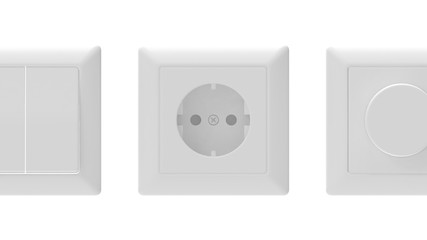 3d rendering of electricity sockets switches isolated on a white background