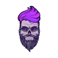 Fashion and styled cool skull with sunglasses, pink hairstyle and tattoo star, vector vintage retro old illustration isolated on white background