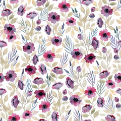 watercolor hand painted wild flowers seamless pattern on a white background