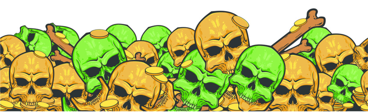 Repeat pattern with many skulls, bones and gold coins, vector illustration