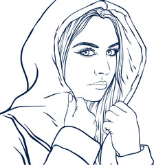 Realistic sketch of beautiful woman and hood, vector line art illustration isolated on white background