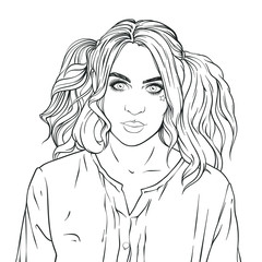 Vector portrait of a young funny girl concept, flat black character on white background, trendy sketch template with sketch line art girl for advertising, poster, banners, print, 