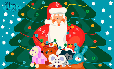 Santa Claus with a bag of toys. In a bag of hedgehog, bear, hare, sheep and a symbol of 2020 - a white rat against the background of the New Year tree.