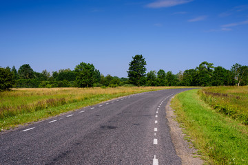 Fototapeta premium Asphalt road on the background of blue sky with clouds. Typical landscape of Estonia