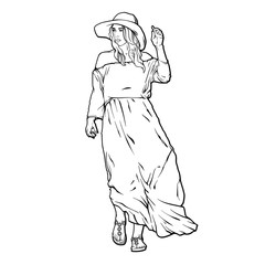 Beautiful wallking woman in dress and hat, vector line art hand drawn realistic sketch illustration isolated on white background