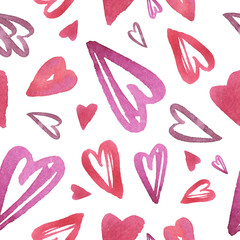 Seamless pattern of scarlet, lilac and pink watercolor hearts. Great for decorating textiles, fabrics, scrapbook paper and wrapping, covers for notebooks and magazines and any design