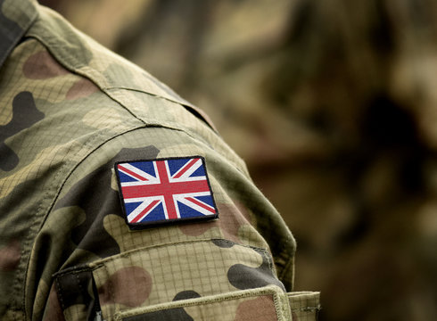 Flag of United Kingdom on military uniform. UK Army. British Armed Forces, soldiers. Collage.