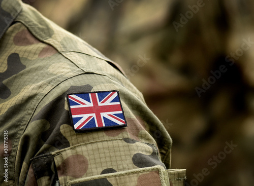 Flag of United Kingdom on military uniform. UK Army. British Armed Forces, soldiers. Collage.