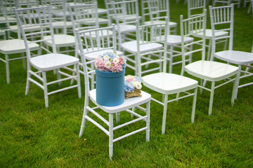 Chiavari chairs on grass. Diagonal composition.
