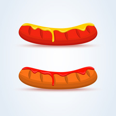 Sausage grilled and Sauce. Flat illustration of hotdog