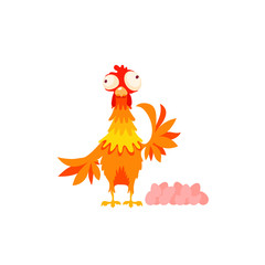 Funny cartoon flat cute character of chicken, cock, vector illustration of chicken say hi