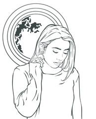 Beautiful woman in the city with night moon, vector illustration, realistic hand drawn sketch illustration