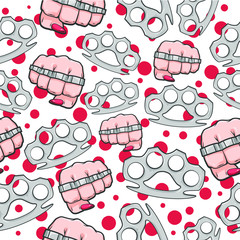 Vector female hands with fist and metallic brass knuckles with blood dots, vector illustrationisolated on white background