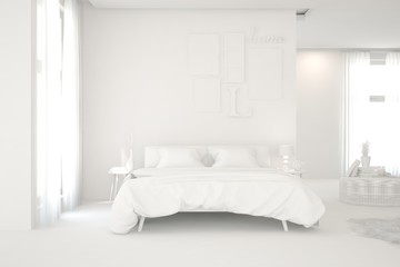 Modern bedroom in white color. Scandinavian interior design. 3D illustration