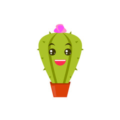 Funny and cute happy character of flat cartoon cactus, vector illustration